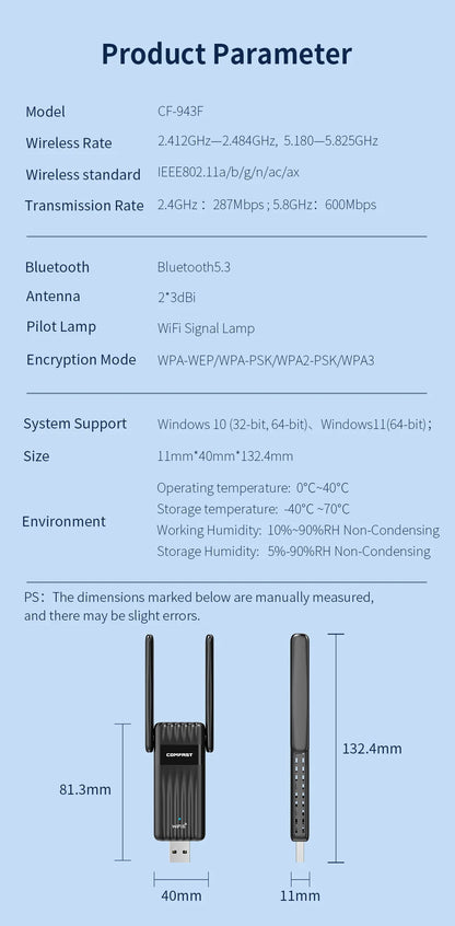 COMFAST 900Mbps WiFi 6 BT 5.3 USB Adapter Dual Band 2.4/5G RTL8851BU Wireless Free Drive Network Card For Laptop PC Win 10/11.