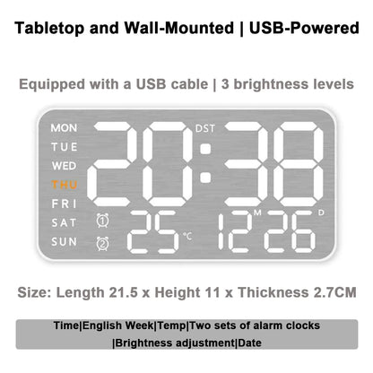 Wanduhr mit Spiegel-Bürsten-Finish, Premium-Gefühl, geräuschlos, Wanduhr, Tischwecker, Temperaturanzeige, Schlafzimmer, Büro, Wohnzimmer, Dekoration