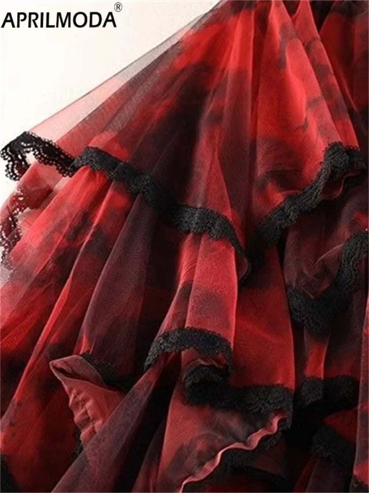 Irregular Hem Lace Cake Mesh Midi Long Skirt High Elastic Waist Ball Gown Harajuku Gothic Cosplay Maxi Skirts Red Party Skater.