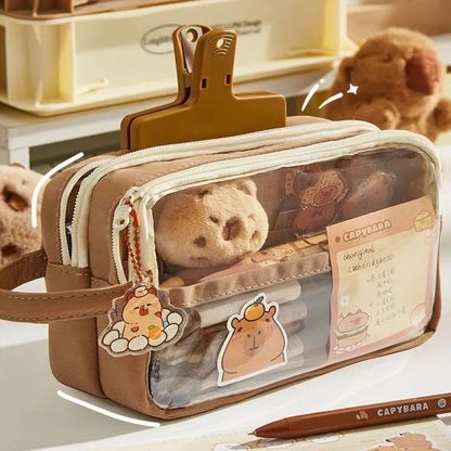 Capybara Kawaii Pencil Case with Compartments Stationary Bag Clear Pen Bag with Sticker Pendant for Office College School.