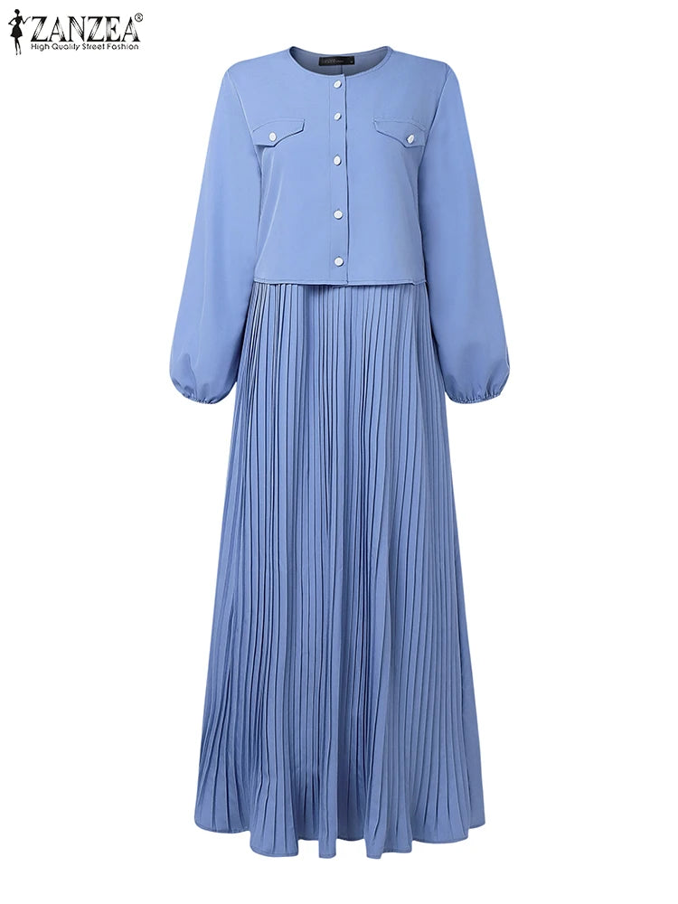 2025 ZANZEA Autumn Maxi Long Dress Women Elegant Long Sleeve Solid Pleated Sundress Patchwork Dresses Muslim Abaya Robe Femme.