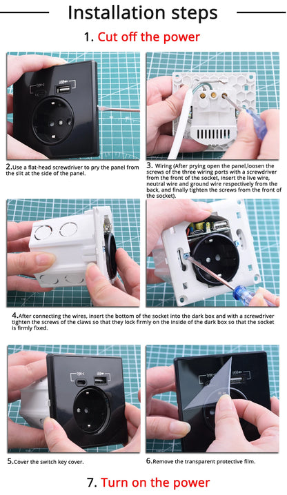 Coswall Typ-C-Schnittstellensteckdose, Vollspiegel, Kristallplatte, schwarze Wand, EU, Russland, Spanien, französische Standardsteckdose mit USB-Ladeanschluss.