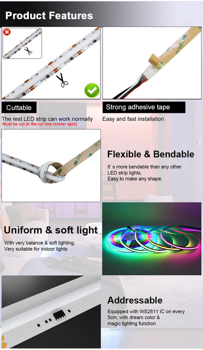 1-25M RGB Addressable COB LED Strip Light 24V WS2811 Pixel LED Strip Tuya WiFi RGBIC LED Ribbon Light Kit For TV Room decoration.