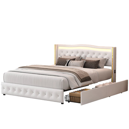 Rosahqnda Modernes Doppelbettgestell aus weißem PU-Leder, vergoldetes Kopfteil mit vier Schubladen ohne Matratze