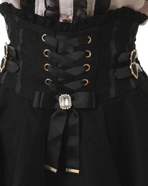 Japanese Liz New Summer Lace Edge Leather Ring High Waist Pleated Skirt Ribbon Bow All-match Short Skirts Big Bow Lolita Blouses.