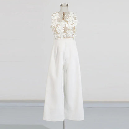 ZMEENNA Elegant White Floral Applique Jumpsuit For Women Sleeveless Wide Leg Romper With Sheer Mesh Top Perfect ZM726
