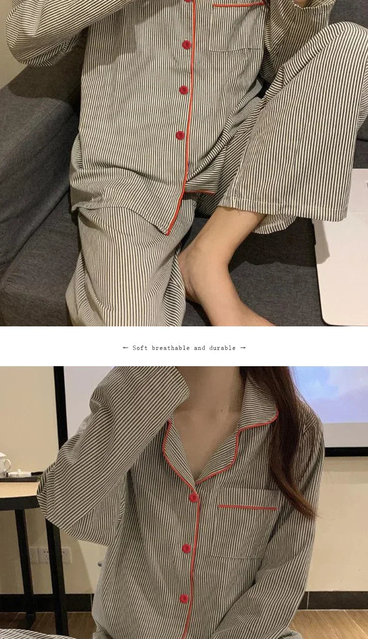 2 Teile/satz frauen Langarm Lose Atmungs Student Nachtwäsche Loungewear Strickjacke Grau Gestreiften Mädchen Mode Pyjamas Homewear.