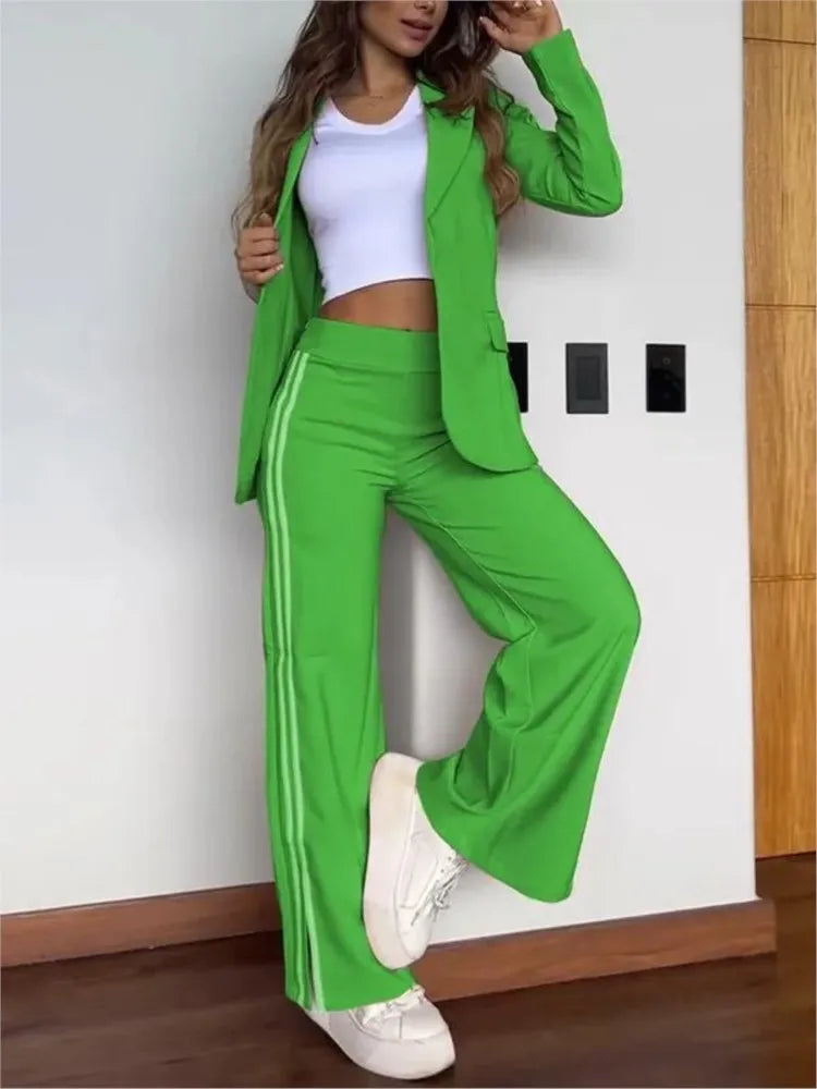 Autumn Winter New Women's Casual Lapel Pantsuit Fashion Splicing Stripes Slit Wide Leg Trousers Female Suit Office Two-piece Set.