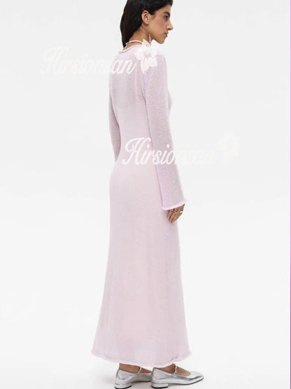 Hirsionsan Frühling Herbst Oansatz Elastische Stricken Lange Kleider Frauen 2024 Elegante Chic Weiche Dame Aushöhlung Pullover Kleider Femme Neue