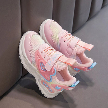 Girls Sports Shoes Kids Running Shoes Pink Breathable Air Mesh Heart Sweet Sneakers Cute Hook & Loop Children's Casual  Shoes