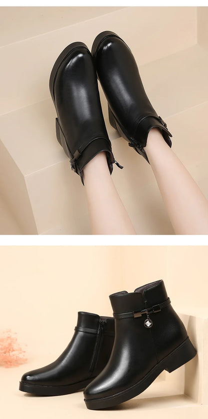 WOIZGIC Women Mother Female Ladies Genuine Leather Ankle Shoes Boots Platform Wool Plush Warm Fur Winter Zipper Plus Size 42 43.