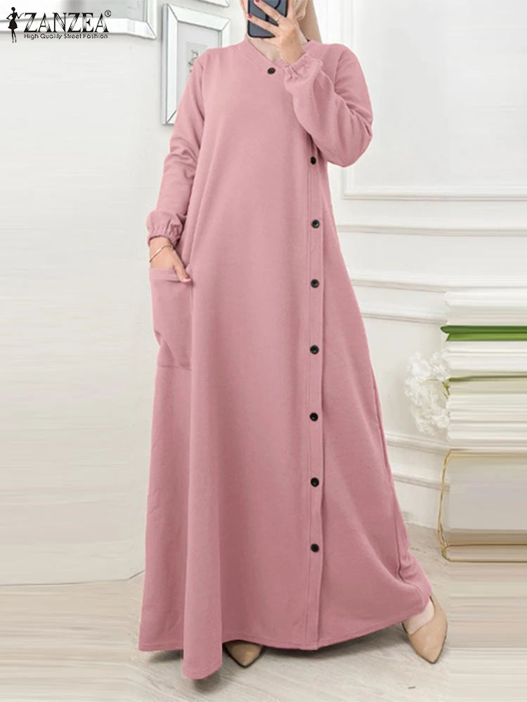 ZANZEA Muslim Casual Loose Long Dresses Textured O Neck Buttons Long Sleeve A-line Vestidos Women 2024 Islamic Hijab Abaya Robes