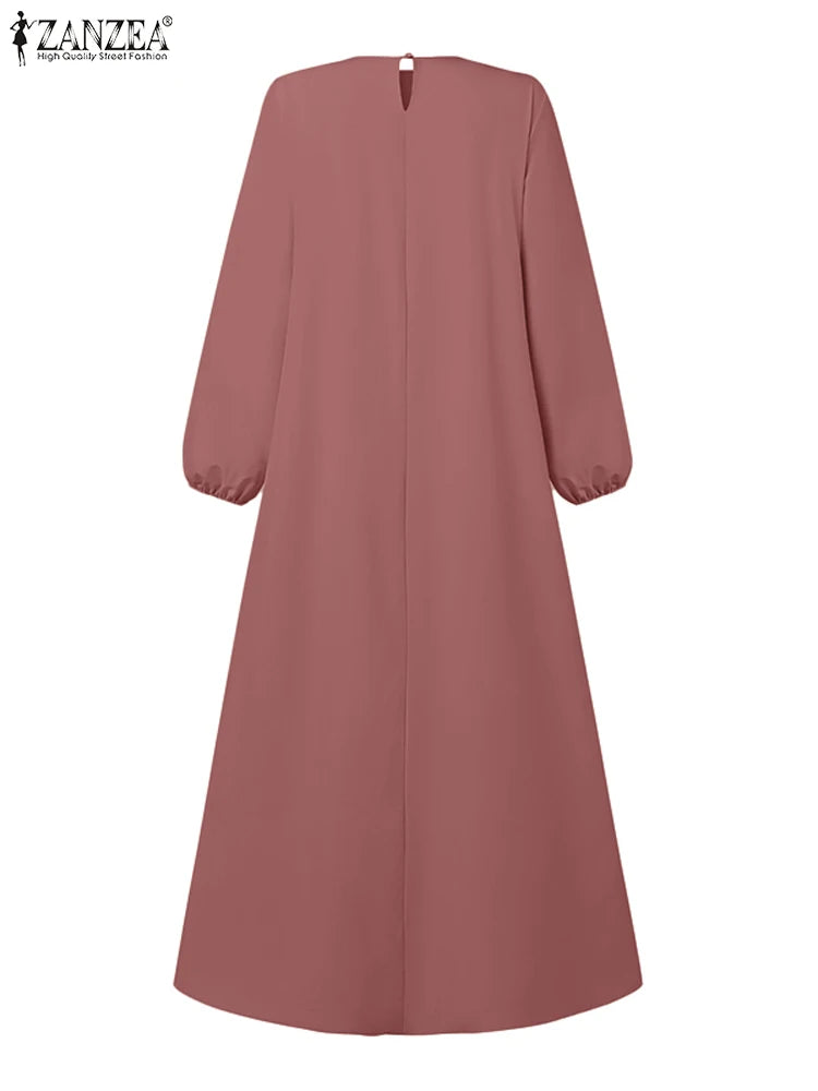 ZANZEA Muslim Fashion Tiered Long Dresses Women Islamic Hijab Style Casual Long Sleeve O Neck Maxi Vestidos Solid Abaya Robes.