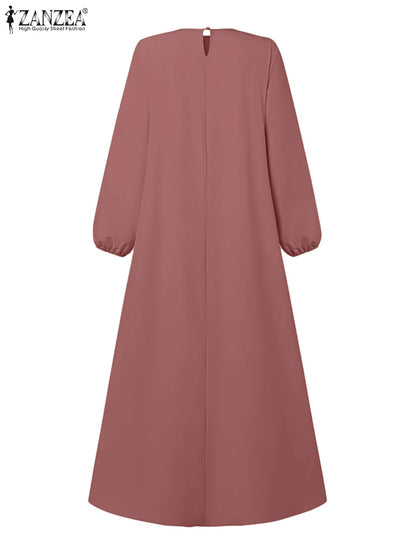 ZANZEA Muslim Fashion Tiered Long Dresses Women Islamic Hijab Style Casual Long Sleeve O Neck Maxi Vestidos Solid Abaya Robes.