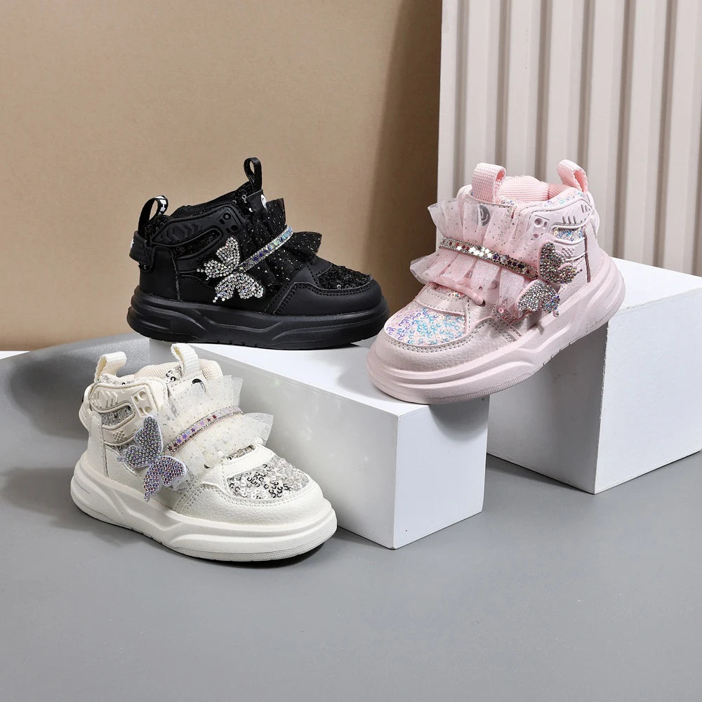 2025 New Autumn Children Shoes Leather Toddler Kids Sport Shoes Bling Bling Cute Butterfly Soft Sole Fashion Girls Sneakers.