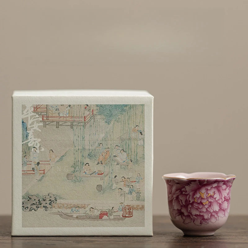 Chinese Ceramics Small Teacup Chinese Kung Fu Gongfu Teaware Porcelain Cup Handmade Peony Lily Single Master Tea Cup Drinkware.