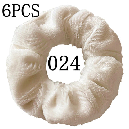 6pc Hair Scrunchies Furry Elastic Band Women Girl Ponytail Holder Rubber Ties Accessories Plush Faux Fur Soft Chiffon Headband