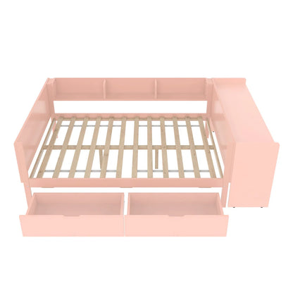 Flachbett, Holzbett, 140x200cm, mit Schreibtisch, Regalen und 2 Schubladen, Doppelbett, Kiefer + Spanplatte, Rosa, Ohne Matratze