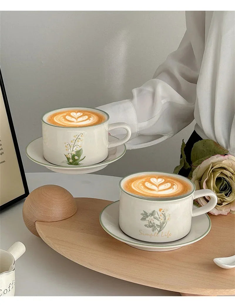 380ml Retro European Style Ceramic Mug Floral pattern Coffee Cup and Saucer Set Exquisite Latte Afternoon Tea cup Dessert Plate.