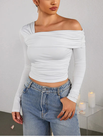 NewAsia Sexy Tight One Shoulder Top Long Sleeve Double Layer Crinkle Texture Asymmetrical Party Chic Blouse Women Fashion Tops.