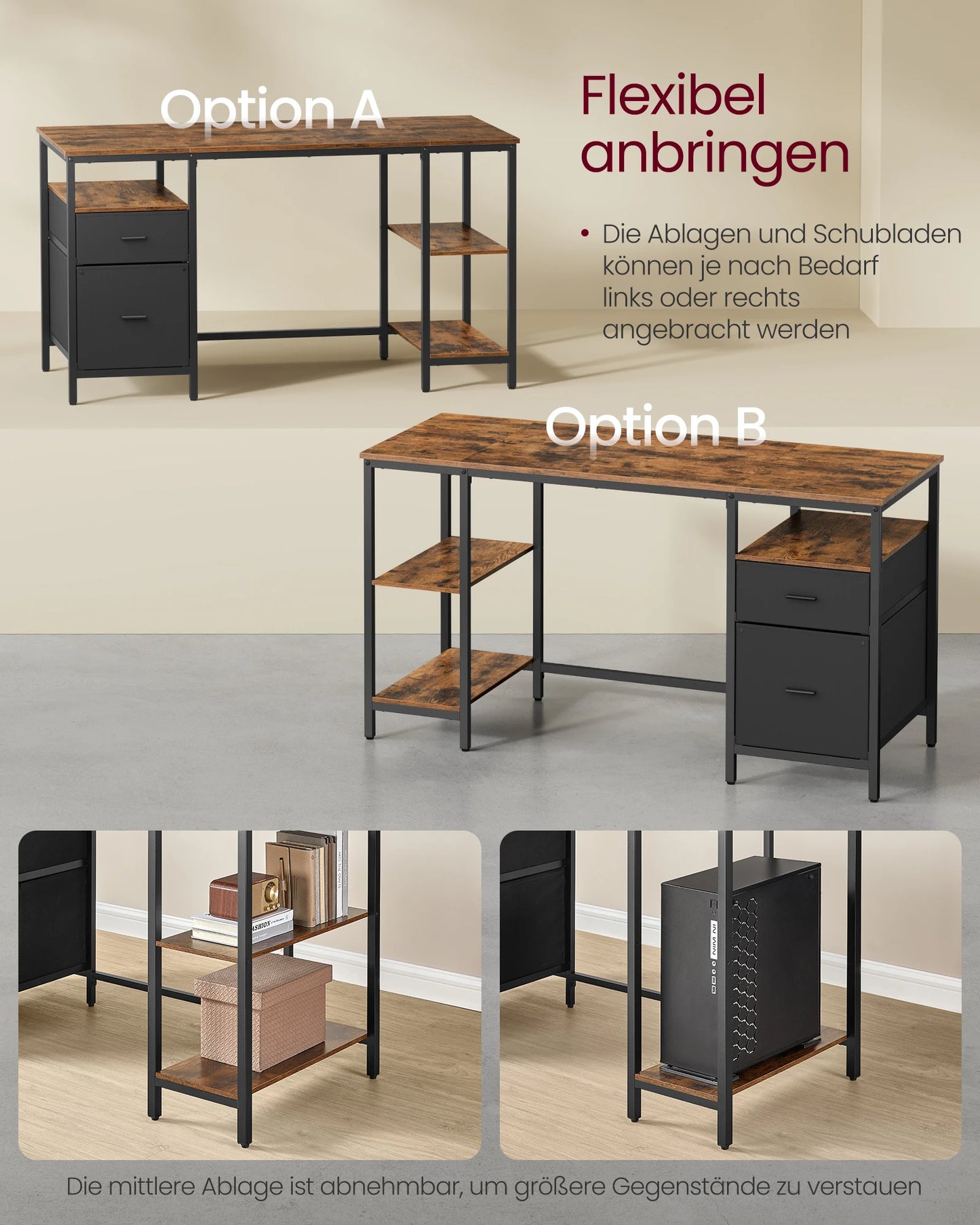 VASAGLE Computertisch, Bürotisch, Schreibtisch, mit 3 Ablagen, 2 Schubladen, 60 x 140 x 76 cm, fürs Büro, Wohnzimmer