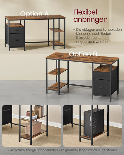 VASAGLE Computertisch, Bürotisch, Schreibtisch, mit 3 Ablagen, 2 Schubladen, 60 x 140 x 76 cm, fürs Büro, Wohnzimmer