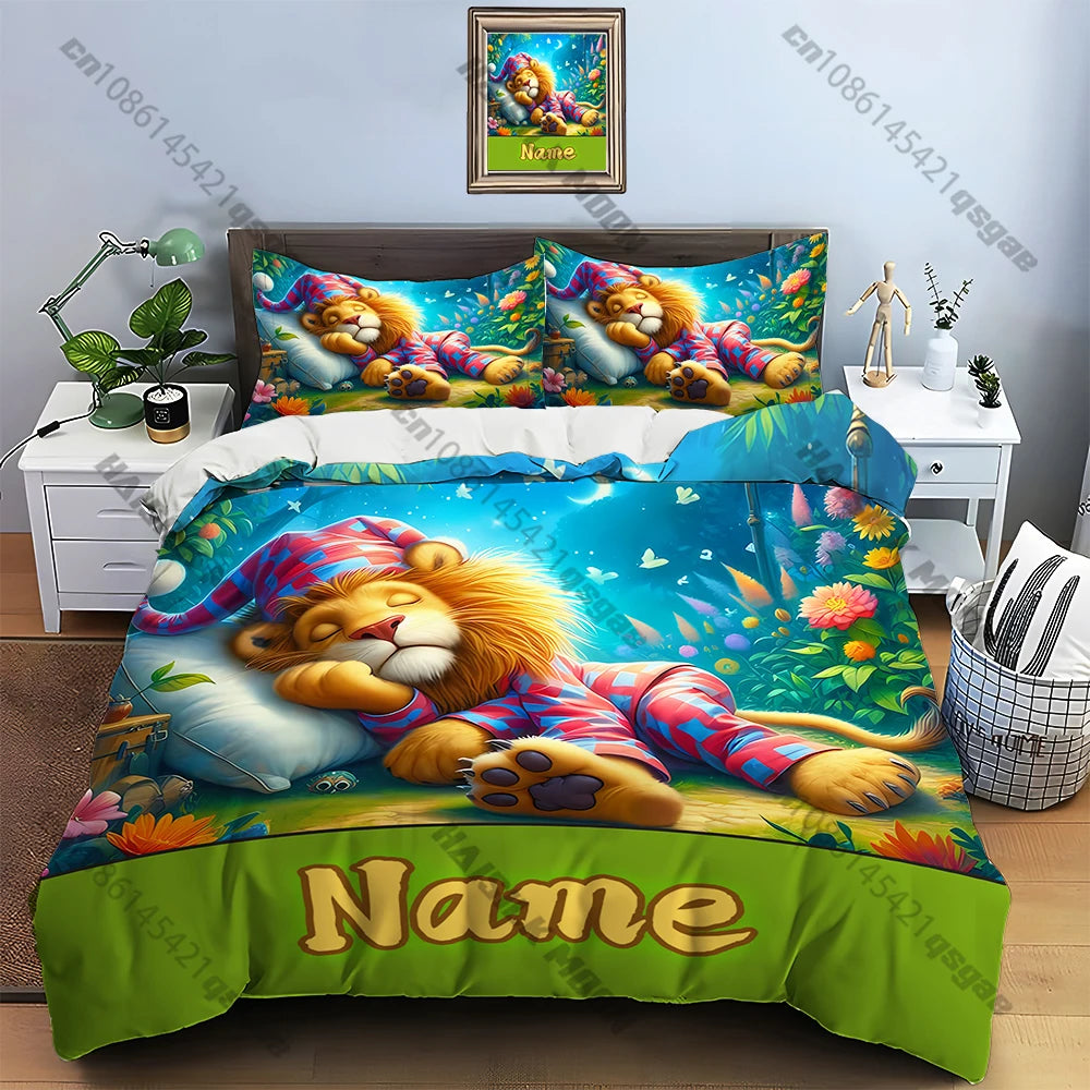 Cartoon Lion Print Bedding Set Duvet Cover 1 Duvet Cover 2 Pillowcases Adult and Kids Bedding Set Luxury.