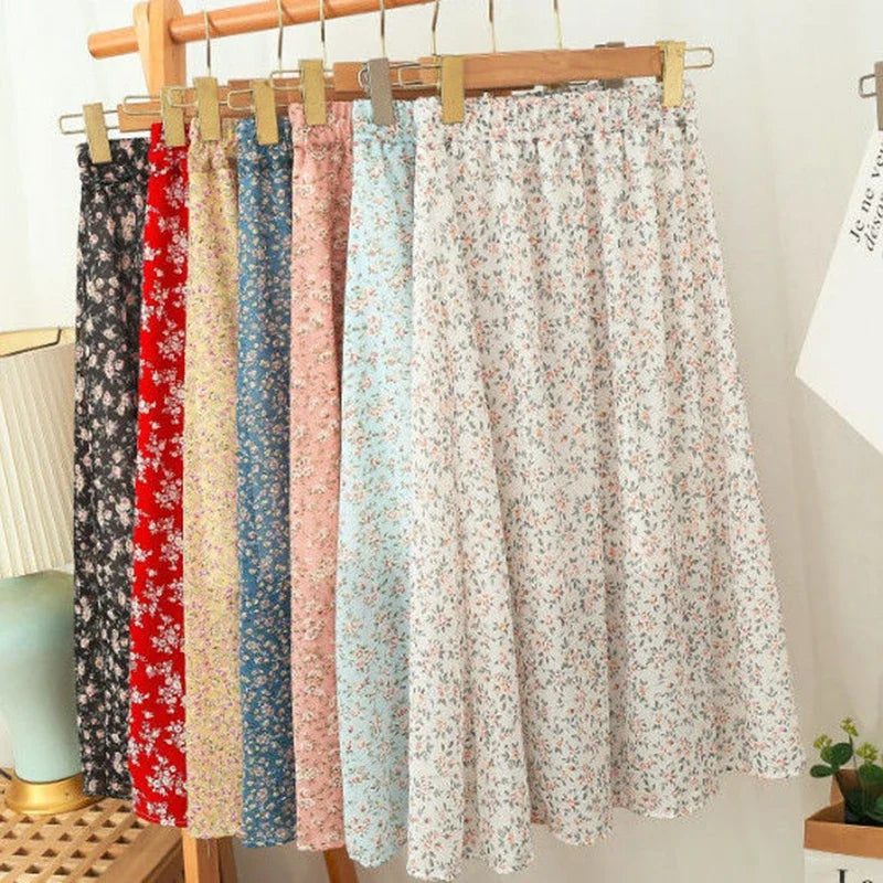 Gidyq Women Chiffon Midi Skirt Korean Fashion Floral Loose Skirts High Waist Female Casual All Match A Line Skirts Summer New.