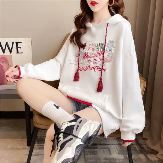 Embroidered Hoodies Sweatshirt for Women Chinese Style Cheap on Promotion Y 2k Vintage Coat Spring and Autumn Woman Hooded Tops.