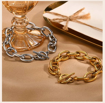 Chunky Bold Toggle Bracelets for Women, Stainless Steel OT Buckle Link Chain Bracelet Gold Plated Tarnish Free.