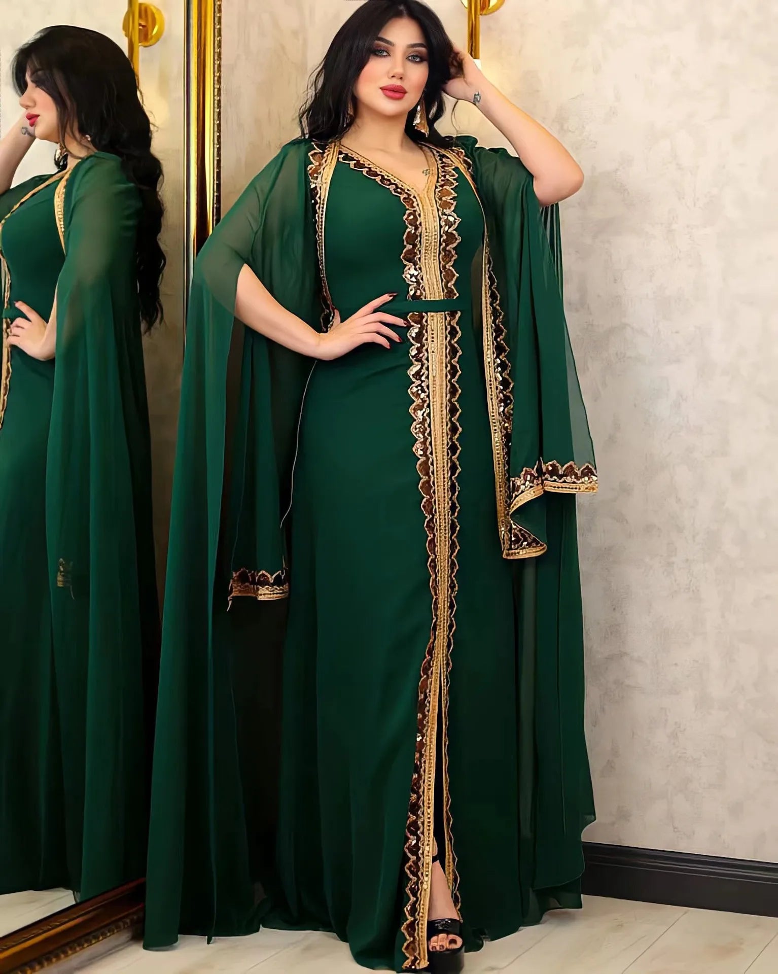 Elegant Muslim Abaya for Women Dress 2 Piece Set Chiffon Cloak Caftan Indian Party Dresses Sequins Kinono Robe Vestidos Abayas.