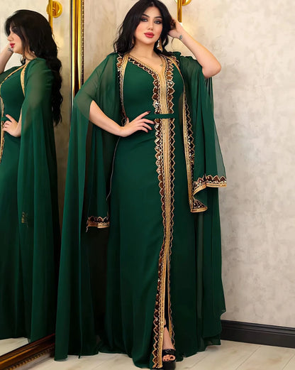 Elegant Muslim Abaya for Women Dress 2 Piece Set Chiffon Cloak Caftan Indian Party Dresses Sequins Kinono Robe Vestidos Abayas.