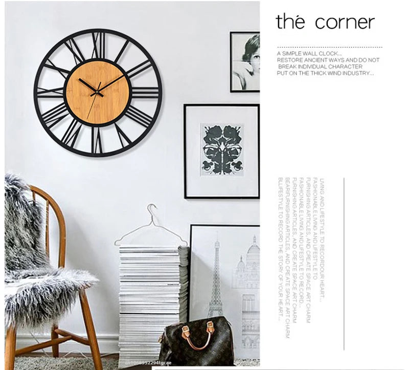 3D Große Wanduhren Nordic Römischen Ziffern Retro Runde Holz Metall Eisen Genaue Stille Hängende Ornament Wohnzimmer Dekoration