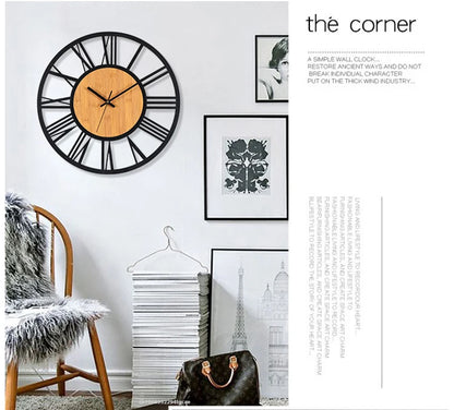 3D Große Wanduhren Nordic Römischen Ziffern Retro Runde Holz Metall Eisen Genaue Stille Hängende Ornament Wohnzimmer Dekoration