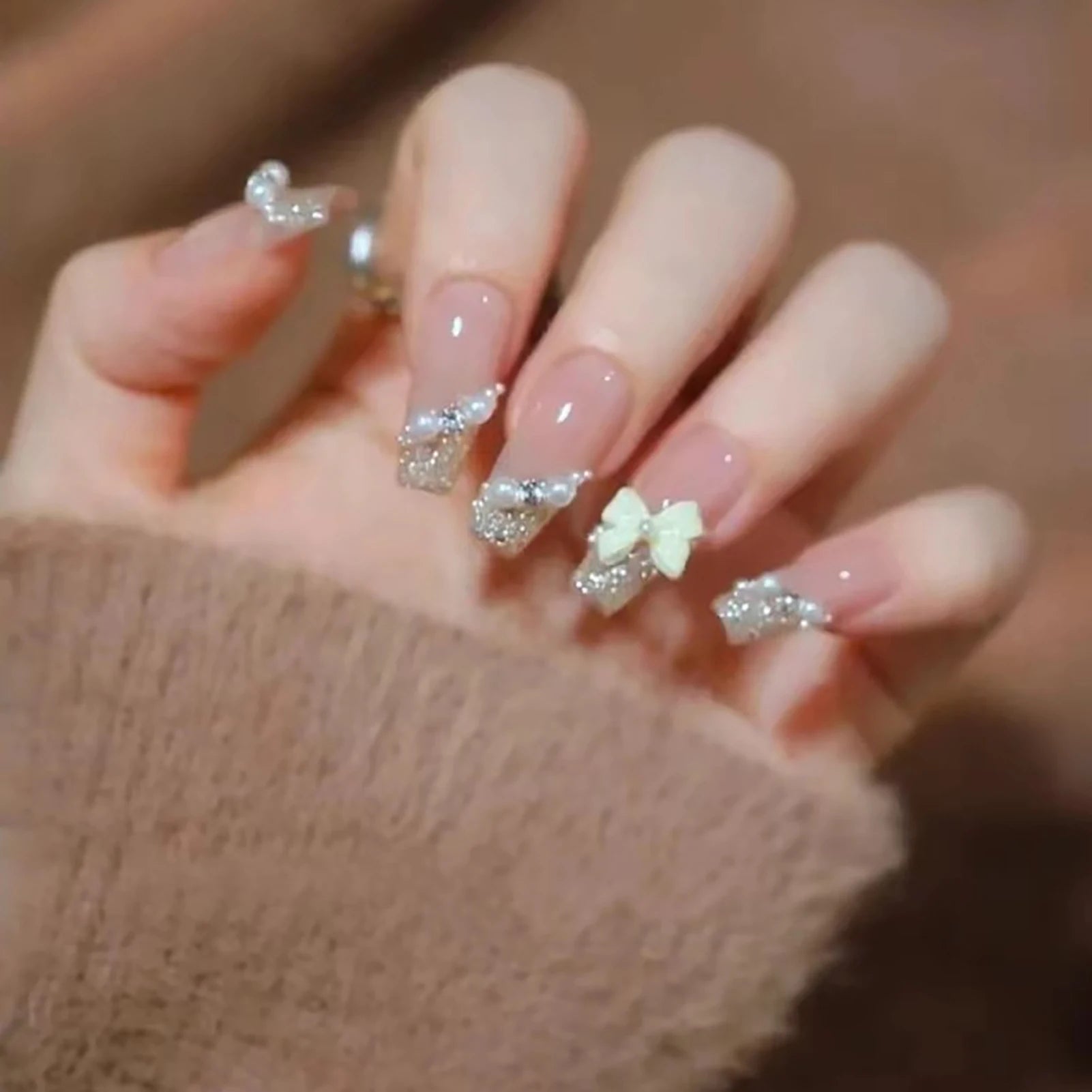 24Pcs Mid-Length Fake Nails 3D Flower Pearl Designs Nude Pink Color Press on Nails Ballerina False Nails for Women DIY Manicure.