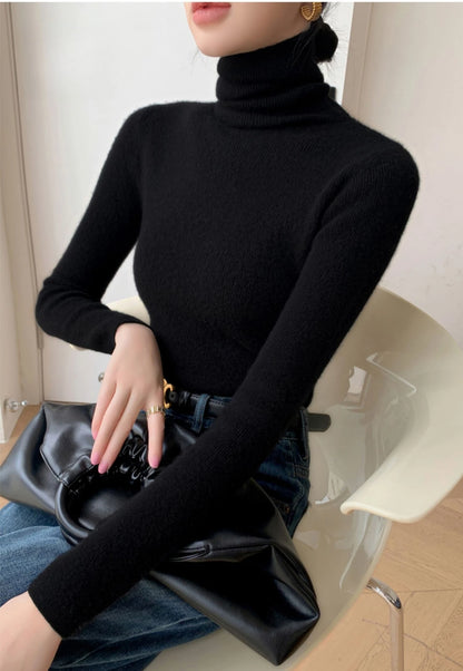 2025 herbst Winter Rollkragen Warme Jumper Lässig Feste Dünne Strickjacke Frauen Langarm Gestrickte Pullover Einfache Basis Schicht Top