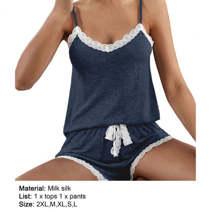 Sommer Frauen Pyjama Set Ärmellose Weste Shorts Sexy Spitze Kontrast Farbe Tank Top Lose Shorts Pyjama für Frauen Nachtwäsche.