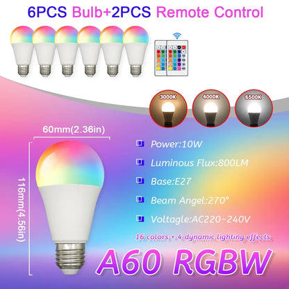 E27 RGB LED Light Bulb 220V 10W with IR Color Changing Control Remote Multicolor + White Lamp Spotlight for Bedroom Party Home.