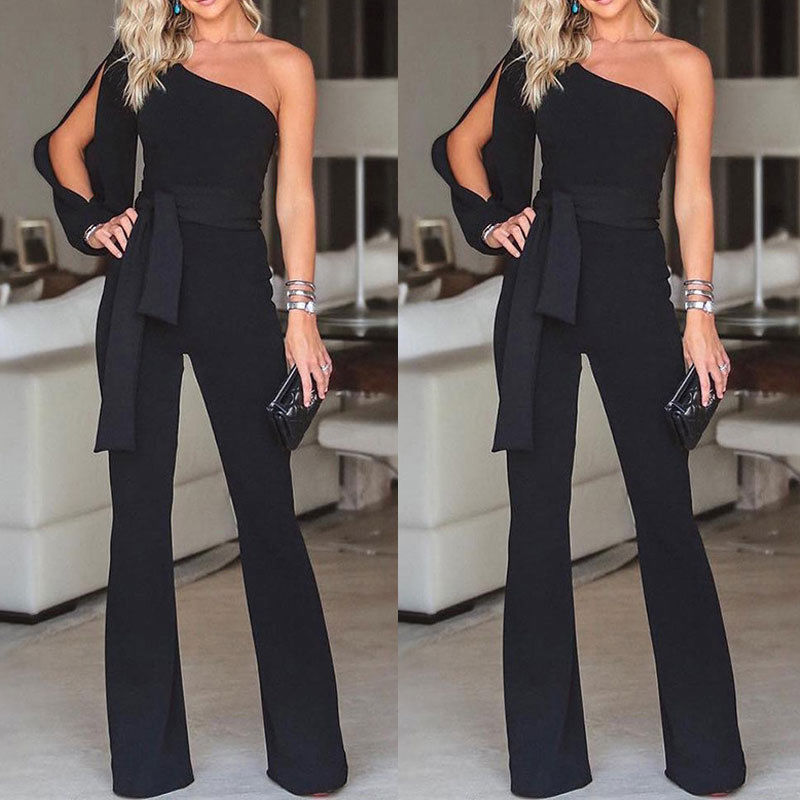 Ladies Elegant Jumpsuit  Spaghetti Straps V-Neck Solid Embroidered Lace Open Back Wide Leg Jumpsuit Long Jumpsuit Black White