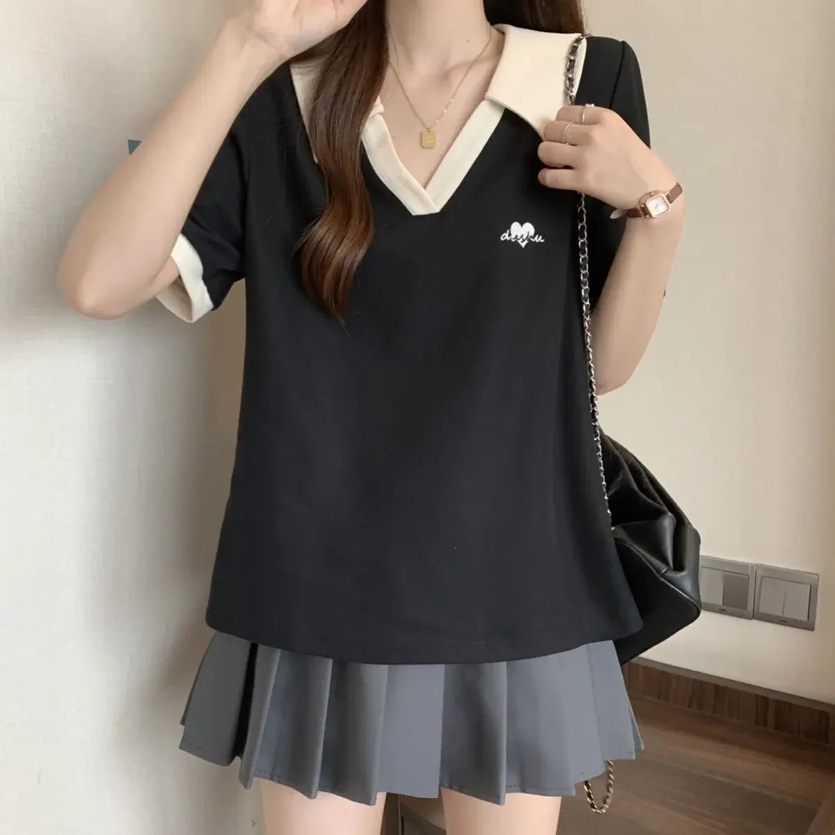 Plus Size Women's Casual Polo Neck Short Sleeve T-Shirt Slimming Belly Cover Summer Age Defying Shoulder Level Top.