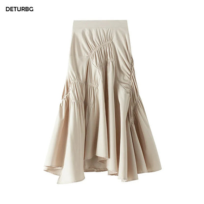Elegant Pleated Long Skirt For Slim Women Casual High Waist Solid Color Asymmetrical Black Flared Skirts 2024 Spring Saias SK505.