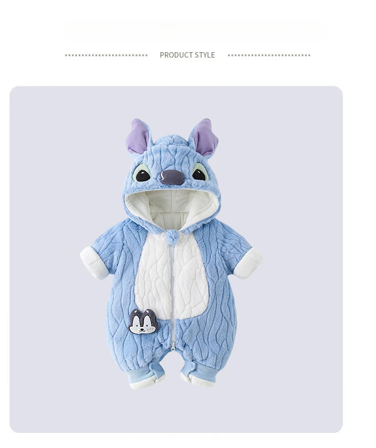 MINISO Stitch Winter Baby Verdickte Gepolsterte Baumwolle Kletterkleidung Niedlicher Säuglingsbodysuit Warmes Ausgehen Outfit Kawaii 0-1 Jahre.