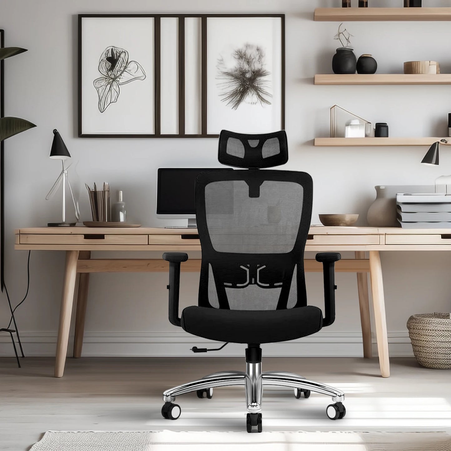 Durrafy Ergonomischer Bürostuhl, Schreibtischstuhl mit verstellbarer Kopfstütze, Armlehnen und Lordosenstütze, Netzdrehstühle, Schwarz