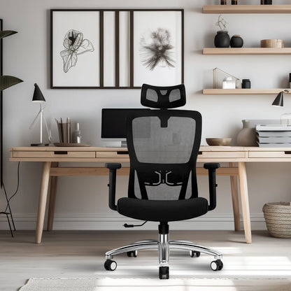 Durrafy Ergonomischer Bürostuhl, Schreibtischstuhl mit verstellbarer Kopfstütze, Armlehnen und Lordosenstütze, Netzdrehstühle, Schwarz