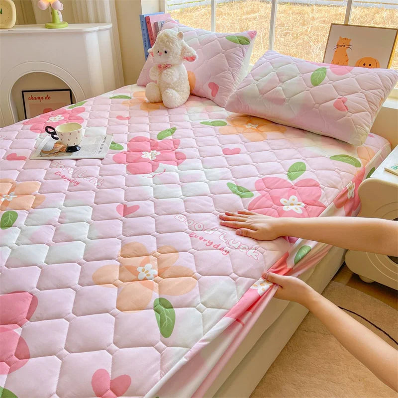 1pc Quilted Bed Cover Floral Style Bedspread Thicken Soft Bed Linen Elastic Mattress Protector cubre colchón (No Pillowcase).