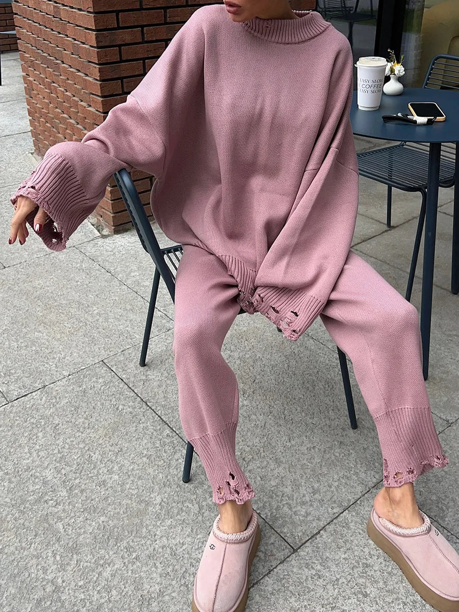 Bornladies Autumn Winter Women's New Turtleneck Knit Sweater Skinny Knit Pants Set Soft Oversized Ripped Hem Fashion Pullover