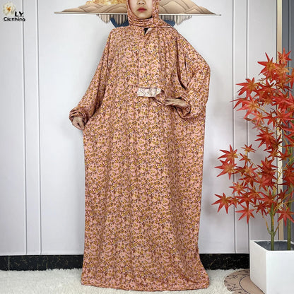 New Muslim Long Sleeved Cotton For Women Ramadan Prayer Turkey Middle East Femme Robe Floral Loose African Abaya Dress Scarfs.