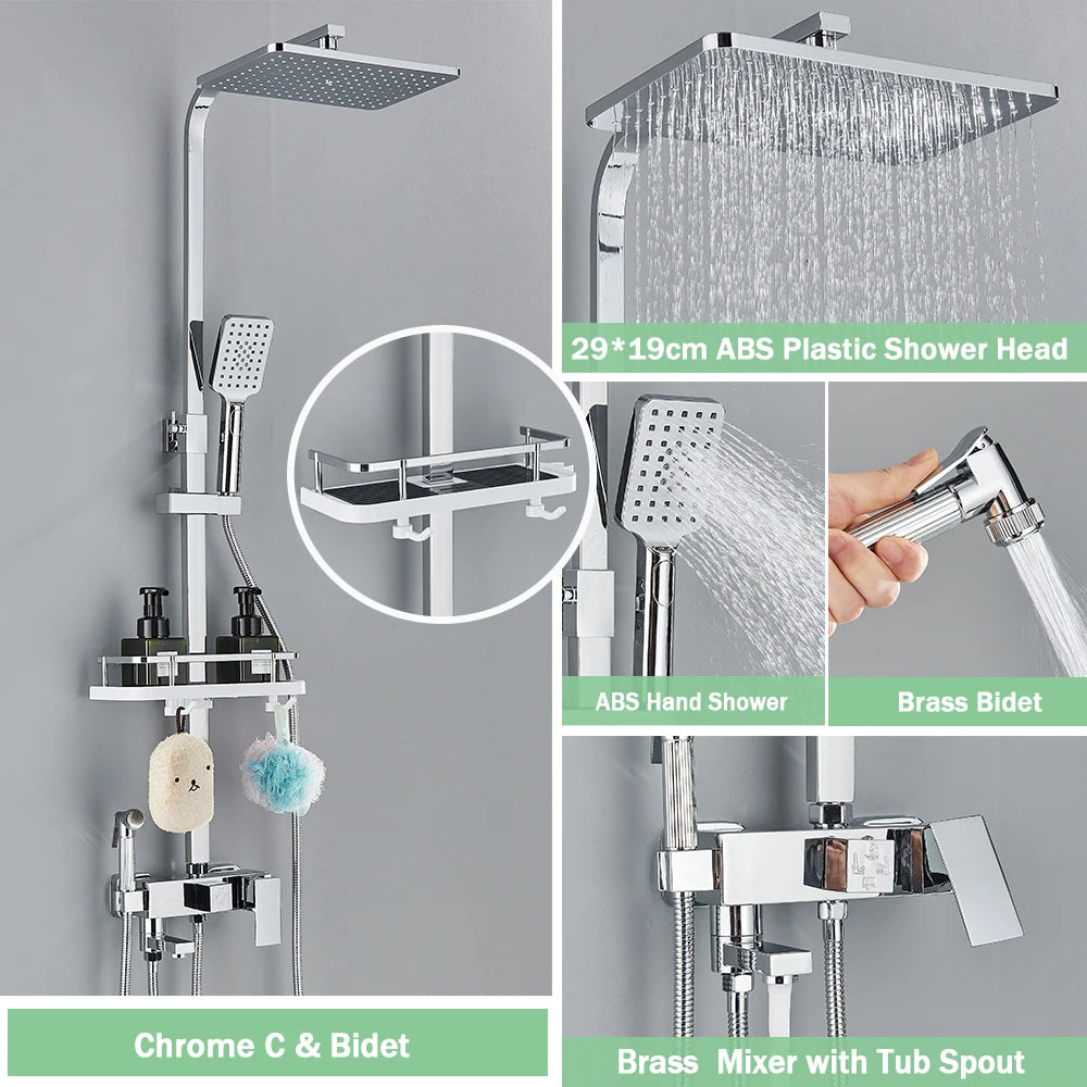 Rainfall Bathroom Shower Faucet Kit With Bidet Wall Mounted Stainless Steel Hot Cold Water Mixer Tap System With Rack,Tub Spout