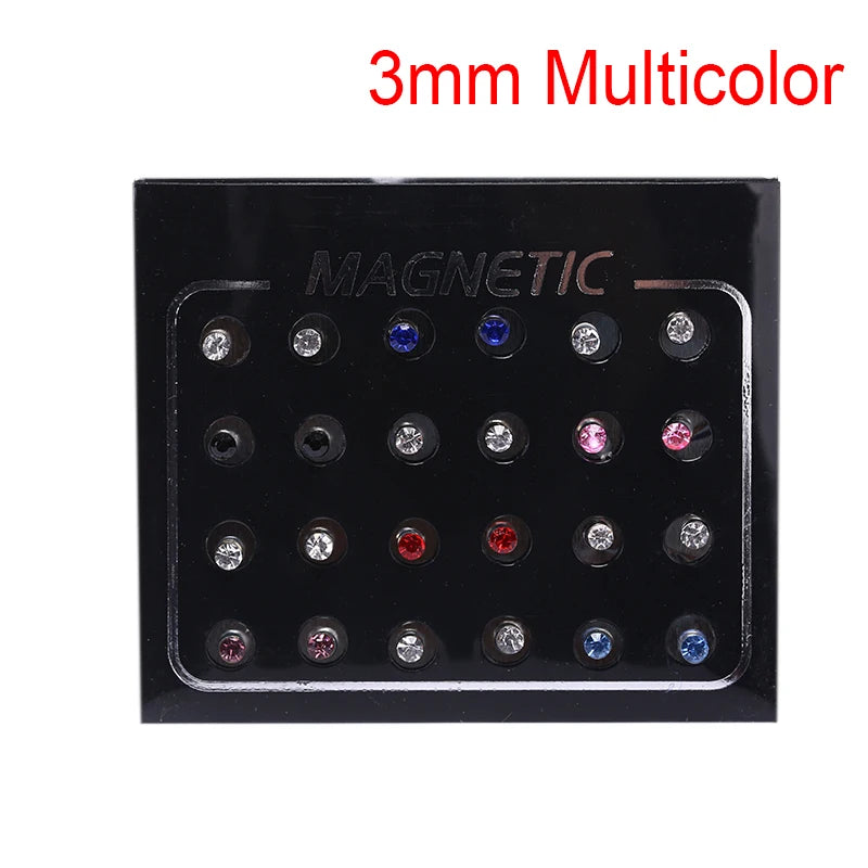 12 Pair(24pcs)/lot 3/4/5/6/7mm Round Crystal Rhinestone Magnet Stud Earring Punk Womens Mens Magnetic Fake Ear Plug Jewelry.