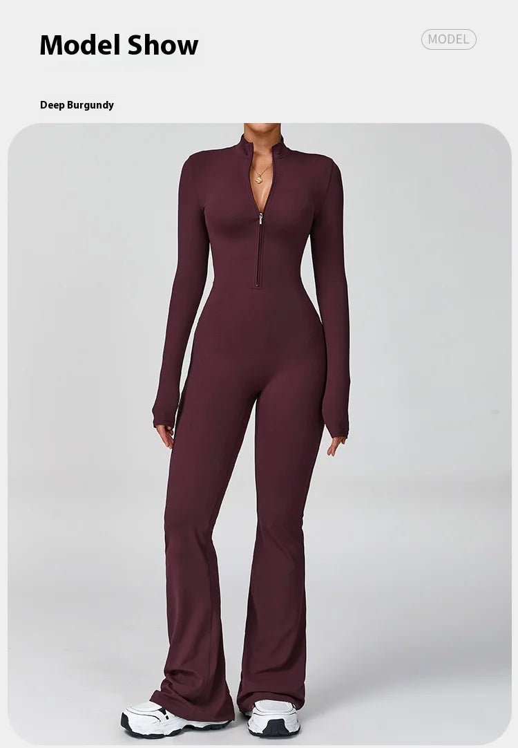 Women's One-piece Yoga Jumpsuit Long Sleeve Zipper Slim Fit Sports Outfit Flare Tights Quick-drying Hip Lift Gym Fitness Clothes.
